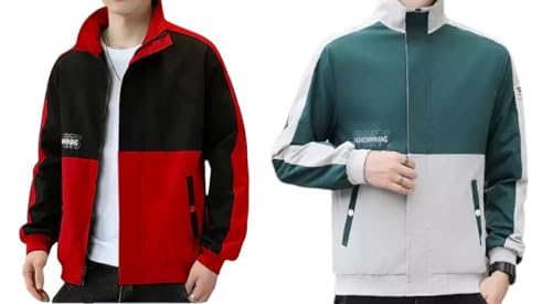 LOTCARTZ Men's Classic Lightweight Jacket Stylish Full-Zip Casual Jacket for Outdoor & Everyday Casual Wear Comfortable Slim-Fit Jacket Pack of 2 (Green Red-L)
