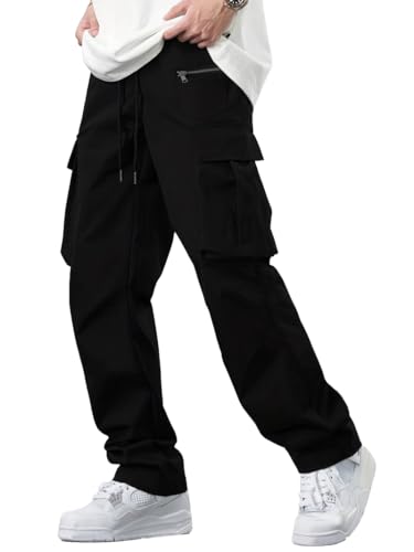 TAGDO Men's Casual Techwear Drawstring Cargo Pants Hiphop Baggy Pants (RF-Cargo-2024-Black-30)