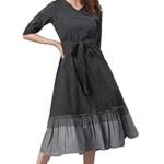 Janasya Women's Black Cotton Striped Flared Casual Dress(J0157-DR-XL)