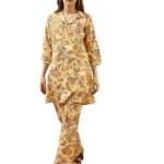 SHIENZY Women's Cotton Blend Floral Straight Kurta and Pant Set (SZ-1484_Yellow_M)