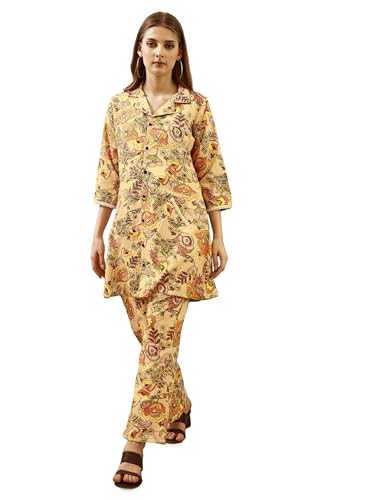 SHIENZY Women's Cotton Blend Floral Straight Kurta and Pant Set (SZ-1484_Yellow_M)