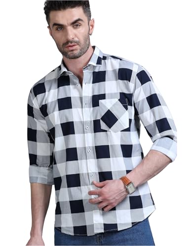 Vanhood Men's Navy Blue Checked Slim Fit Shirt | Checkered Full Sleeve | Casual Wear Shirt | Semi - Formal Shirt | Cotton Shirt | Checks Shirt (in, Numeric, 42, Navy Blue)