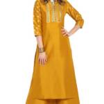 Janasya Women's Mustard Silk Blend Foil Printed Kurta with Palazzo(J0003-SET-XXXL-J)