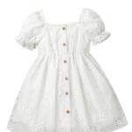 SKYCARRY Girls Cotton Eyelet Lace Dress, White, Puff Sleeves, Button Front, Empire Waist (in, Age, 6 Years, 7 Years, White)