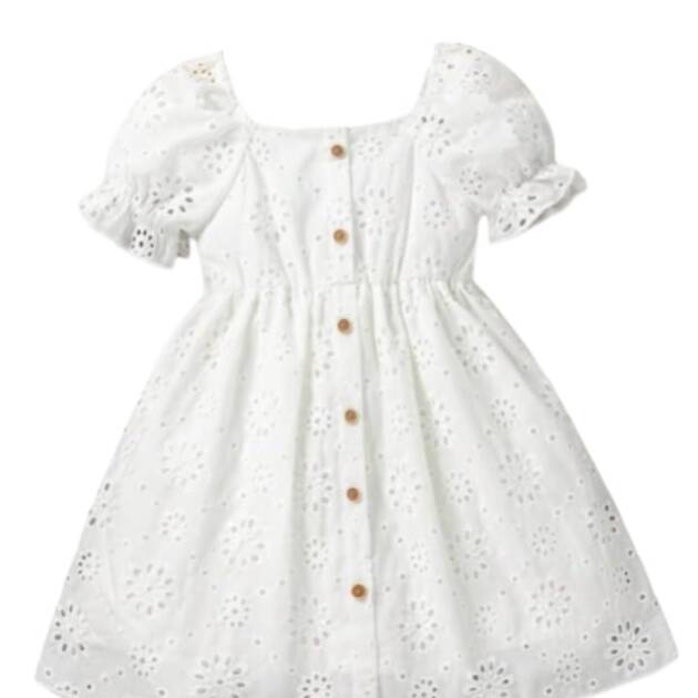 SKYCARRY Girls Cotton Eyelet Lace Dress, White, Puff Sleeves, Button Front, Empire Waist (in, Age, 6 Years, 7 Years, White)