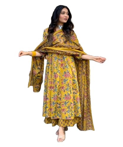 Yashika Women's Regular Cotton Blend Floral Printed Kurta Plazzo Set with Dupatta Suitable for Every Indian Occasion (AZ-YS-OG-KS2171-Parent_Yellow