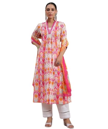 GRECIILOOKS Women's Rayon A-Line Printed V-Neck Kurta with Palazzo & Dupatta | Ethnic Set | Dupatta Set | Suit Set | Kurta and Pant Set (in, Alpha, 3XL, Regular, Pink)