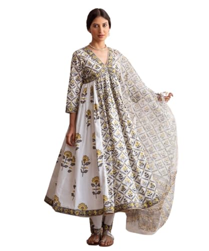 GRECIILOOKS Women'S Rayon Anarkali Printed V- Neck Kurta With Palazzo & Dupatta | Ethnic Set | Dupatta Set | Suit Set | Kurta And Pant Set (GL-K2767&P189&D127-3XL-WHITE)