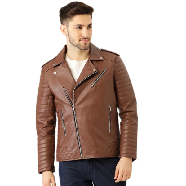 Leather Retail Men's Back Printed Solid Biker Jacket (Brown)-XS