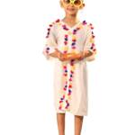 VASTRAMAY Girls' Handcrafted Cotton Blend Flared Dress – V-Neck with Colorful Tassel Lace – Perfect for Holi & Eid Cream