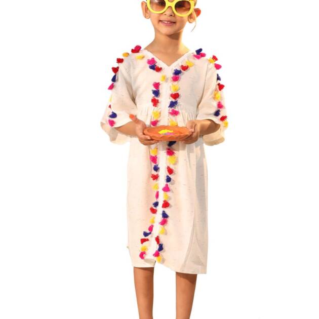 VASTRAMAY Girls' Handcrafted Cotton Blend Flared Dress – V-Neck with Colorful Tassel Lace – Perfect for Holi & Eid Cream