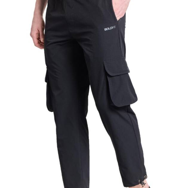 Boldfit Cargo for Men Solid Cargo Pants for Men & Boys Casual Wear Cargo Pants for Boys Regular Fit Cargos for Men Stylish Mens Cargo Trousers for Men, Lowers for Men Cargo Pants for Man - Black M
