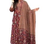 KLOSIA Women Printed Anarkali Kurta and Pant With Dupatta (IN, Alpha, 2XL, Regular, Maroon)