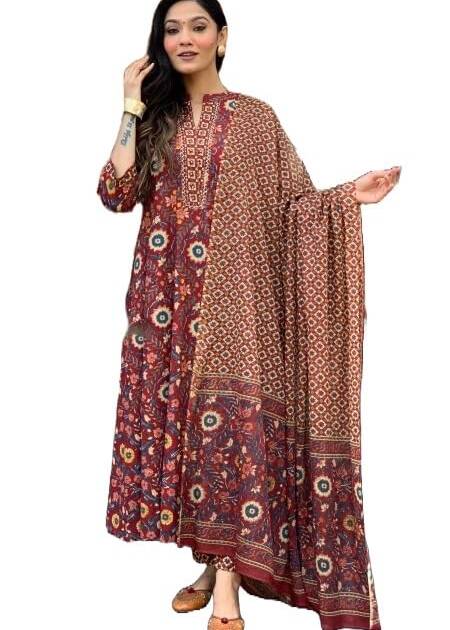 KLOSIA Women Printed Anarkali Kurta and Pant With Dupatta (IN, Alpha, 2XL, Regular, Maroon)