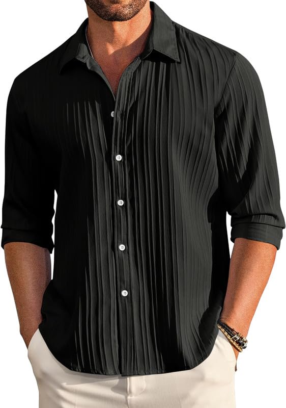 FINIVO FASHION Textured Shirts for Men || Casual Shirt for Men || Shirt for Men|| Men Stylish Shirt || Men Fancy Shirt || Men Full Sleeve Shirt || Plain Shirts for Men Black