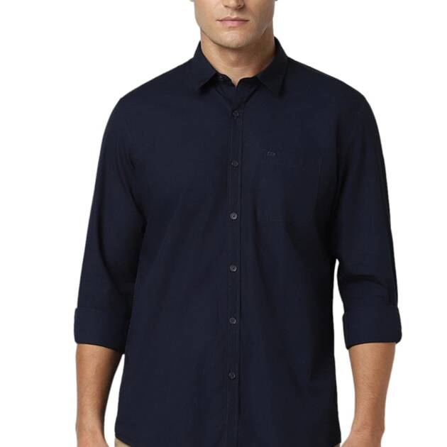 Peter England Men's Solid Slim Fit Full Sleeve Casual Shirt| 100% Cotton Navy