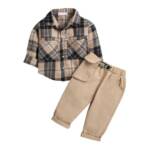 Hopscotch Cotton Boys Khakiplaid Printed Shirtpant Set In Beige Color For Ages 3-4 Years