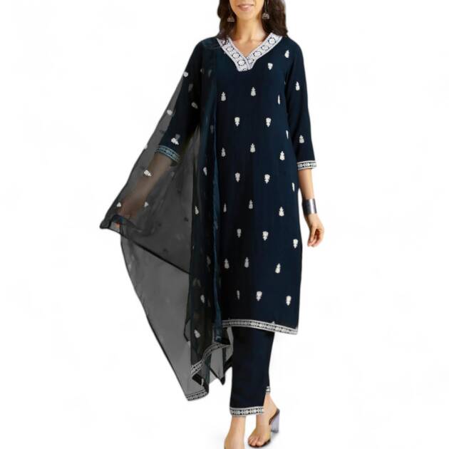 Kaari Rayon Staple 3 PCS Women Kurta Set (KAAAW24WSKD-82024_Indigo Navy​ _M)