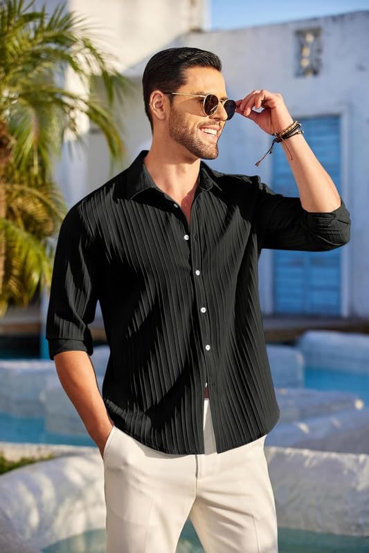 FINIVO FASHION Textured Shirts for Men || Casual Shirt for Men || Shirt for Men|| Men Stylish Shirt || Men Fancy Shirt || Men Full Sleeve Shirt || Plain Shirts for Men Black - Image 4