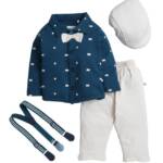 BUMZEE Beige & Teal Boys Full Sleeves Shirt Pant Set With Suspender & Cap Age - 0-6 Months (Peb9937B-bge.tel)