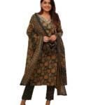 Nermosa Women Printed Straight Kurta and Pant with Dupatta (in, Alpha, L, Green)