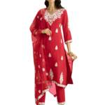 Kaari Rayon Staple 3 PCS Women Kurta Set (KAAAW24WSKD-82023_Indian Chilli Red