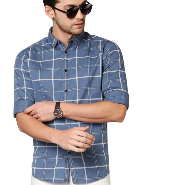 Dennis Lingo Men's Checkered D-Blue Slim Fit Cotton Casual Shirt (AZ751_D-Blue_M)