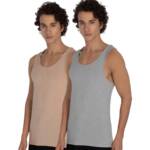 DAMENSCH Men's NEO-SKIN Anti-Microbial Slub Vest- Anti-odor-Bamboo Rayon Fabric- Round Neck- Pack of 2- Crisp Grey, Breezy Beige- Medium