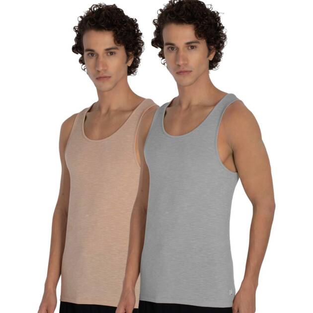 DAMENSCH Men's NEO-SKIN Anti-Microbial Slub Vest- Anti-odor-Bamboo Rayon Fabric- Round Neck- Pack of 2- Crisp Grey, Breezy Beige- Medium