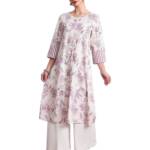 TADKEE Women's Round Neck Printed Kurta with Pants | Kurta Set for Women (FN-Round-Floral-Set-128-Cream-M)