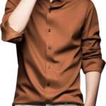 IndoPrimo Men's Stylish Solid Satin Casual Shirt for Men Full Sleeve (in, Alpha, M, Brown)