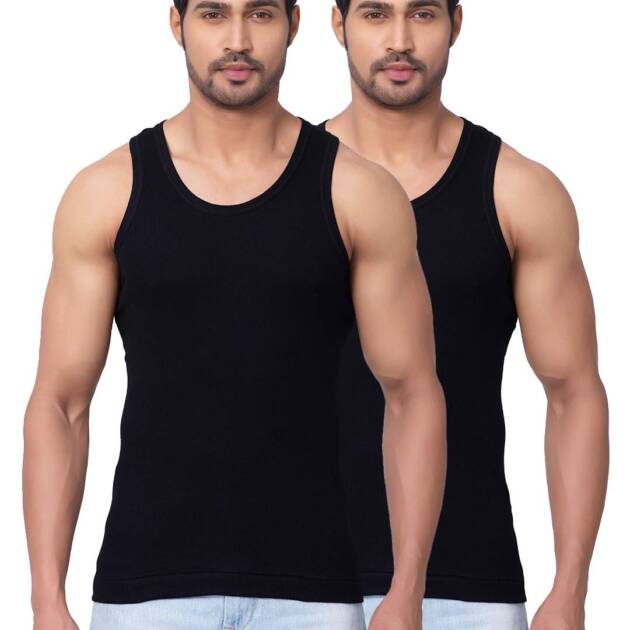 Dixcy Scott Cotton Originals Men's Round Neck Sleeveless Body Fit Solid Regular Fit Vest - Victory Vest(Black And Black - Pack Of 2 )-Large
