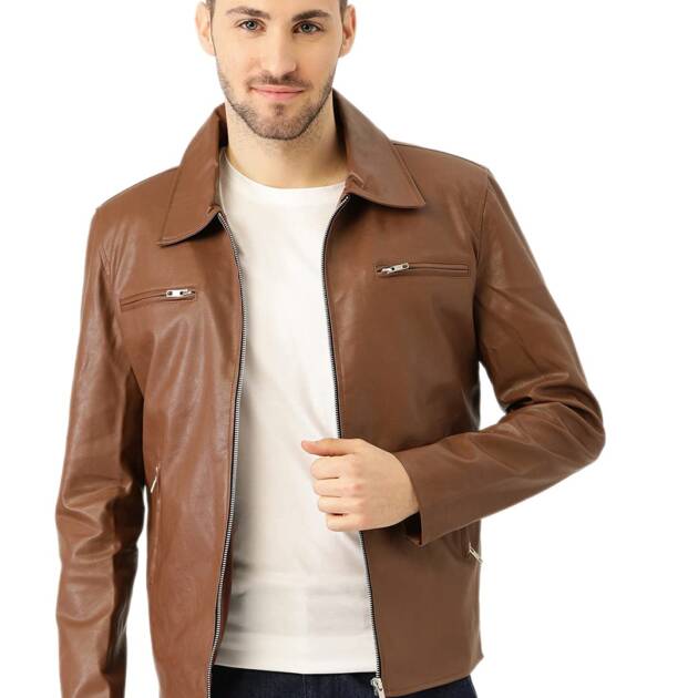Leather Retail Faux Leather Men's Solid Standard Length Biker Jacket (Lrm33Brsm11_Brown_Small)
