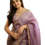 MUNIR Women's Silver Tissue Net Ethnic Saree With Unstiched Blouse Piece For Festival And Function.(Purple)