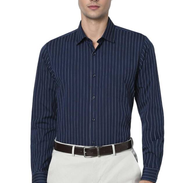 Peter England Men's Slim Fit Full Sleeve Striped Formal Shirt | Cotton Rich | Wonder Fabric | Pin Point Oxford Navy