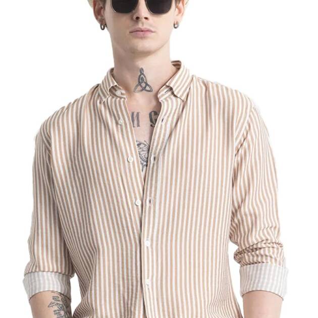 U-TURN Men's Cotton Casual Printed Striped Stylish Latest Shirt for Men (Brown-Black; X-Large)
