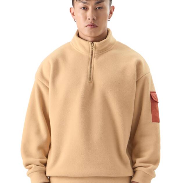 The Souled Store Zip-Up: Beige Men Oversized Sweatshirts Sweatshirts Hoodies Pullovers Crewneck Hooded Zip-Up Graphic Printed Solid Color Block Sportswear Casual Warm Cozy Comfortable Winter Fall