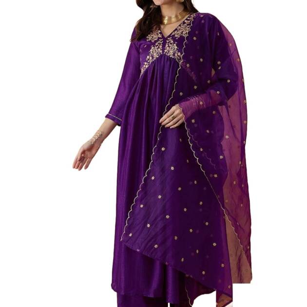 Alvami Women Embroidery Kurta and Pant Set With Dupatta (IN, Alpha, L, Purple)