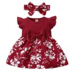 Hopscotch Girls Floral Print Casual Dress with Headband In Red Color for Ages 3-6 Months