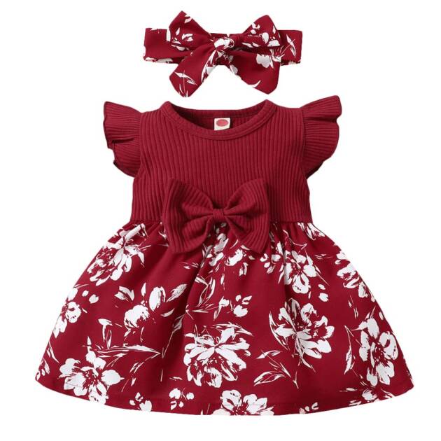Hopscotch Girls Floral Print Casual Dress with Headband In Red Color for Ages 3-6 Months