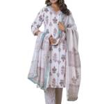 Tee Projekt Women's Cotton Blend V Neck Printed Straight Kurta Pant with Dupatta Set Off White