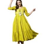 Stylum Women's Solid & Embroidered Rayon Tiered Dress with Jacket (DRSCORNKAY38_Corn, M)