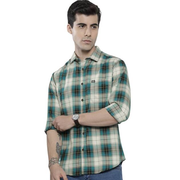 The Indian Garage Co Polyester Men's Checkered Slim Fit Shirt (1221-Sh151-32_Green & White L, T-Shirt)