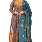 KLOSIA Women Printed Anarkali Kurta and Pant with Dupatta (IN, Alpha, 2XL, Blue)