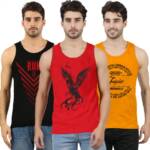 JUGULAR Men's Sleeveless Regular Fit Vest Combo - Pack Of 3 (Ninety Seven, Ncity, Skull, Xx-Large, Black, Red, Mustard)