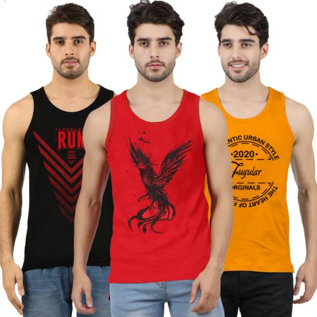 JUGULAR Men's Sleeveless Regular Fit Vest Combo - Pack Of 3 (Ninety Seven, Ncity, Skull, Xx-Large, Black, Red, Mustard)