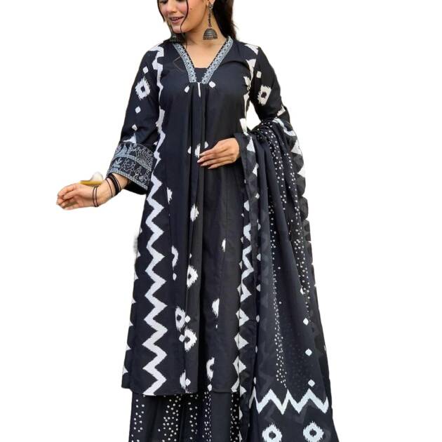 KLOSIA Viscose Women Printed A-Line Kurta Pant With Dupatta (IN, Alpha, 2XL, Black)