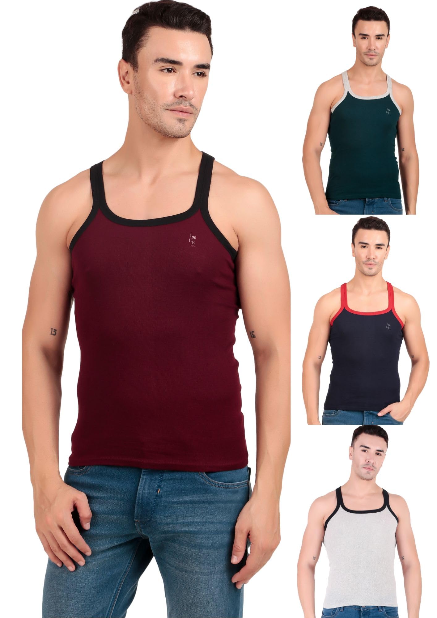 Inner Element Men's Combed Cotton Rib Square Neck Sleeveless Gym Vest Multicolor Pack of 4