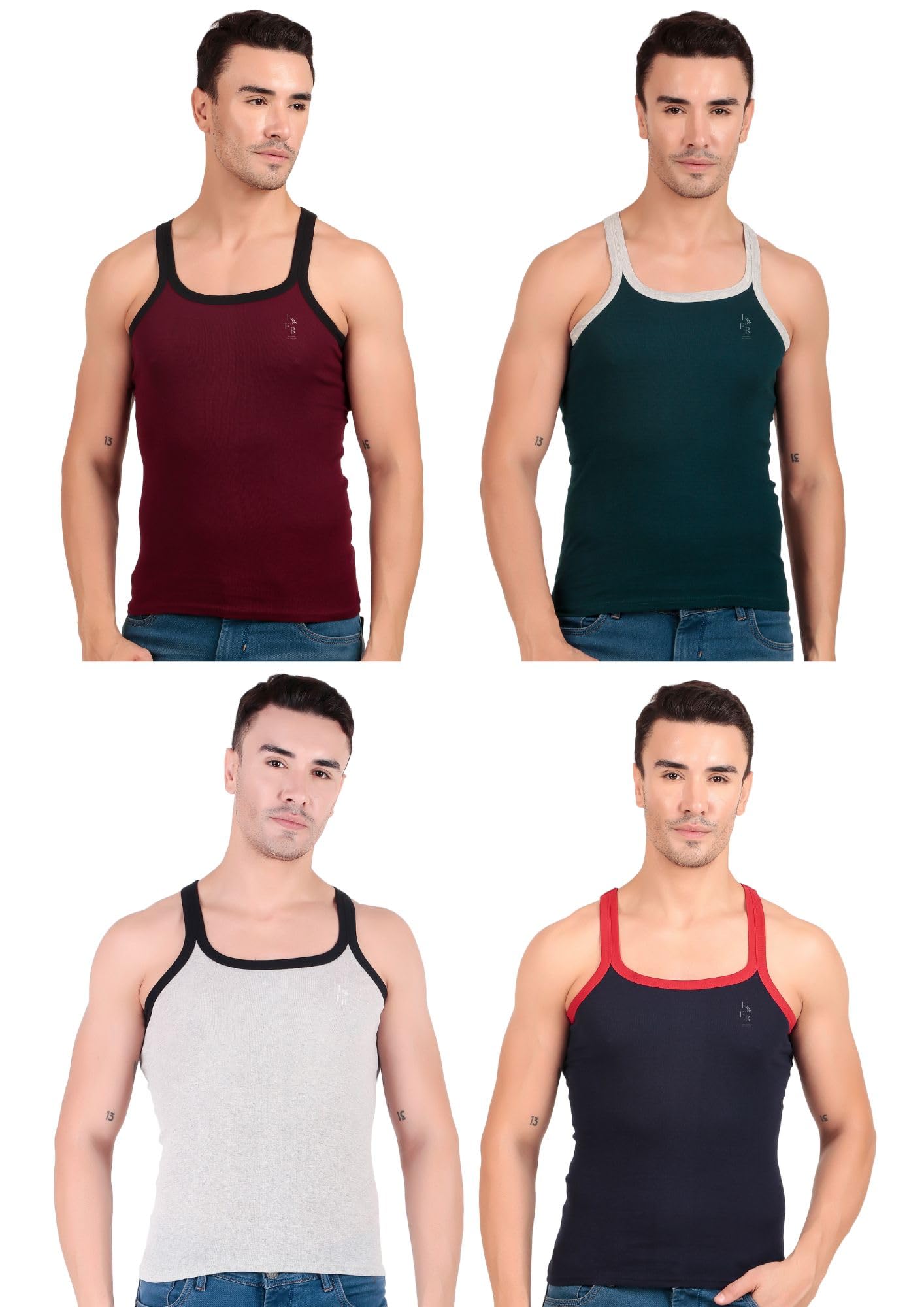 Inner Element Men's Combed Cotton Rib Square Neck Sleeveless Gym Vest Multicolor Pack of 4 - Image 2