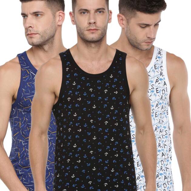 Force NXT Super Combed Cotton Mens Pack of 3 Tank Top Printed Vest Multicolour